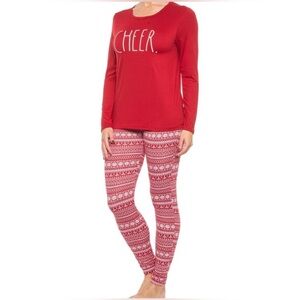 Rae Dunn CHEER Pajama Set Holiday Christmas Snowflakes Red White Medium NWT